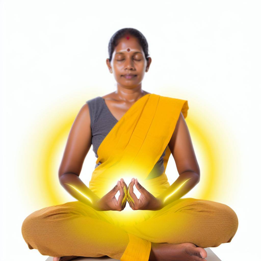 Una persona meditando en postura de loto, con los ojos cerrados y las manos en posición de mudra, rodeada de una suave luz dorada que emana de su cuerpo.